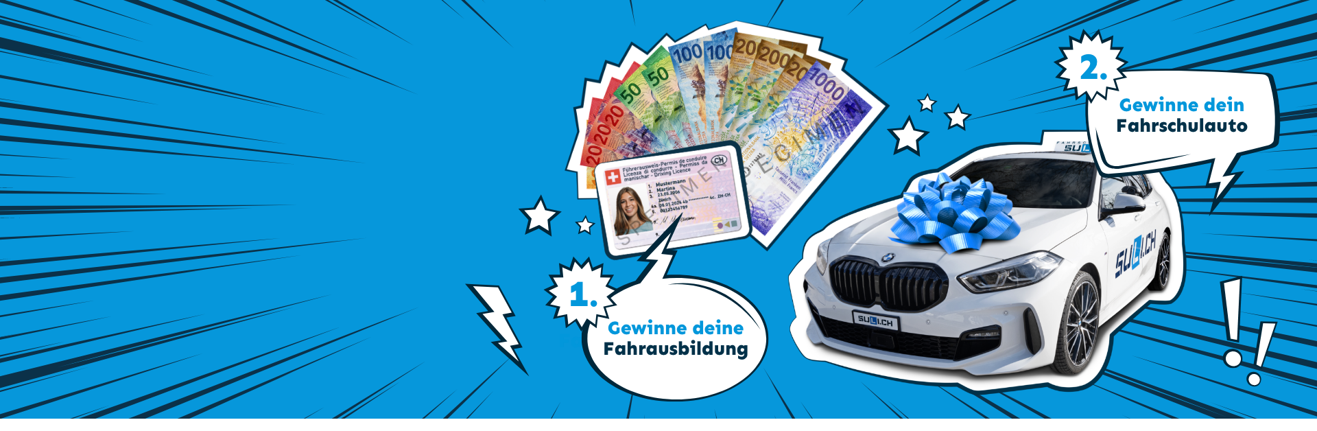 Headerbild des Gewinnspiels der Fahrschule Suli, das zeigt, dass man jeden Monat seine Fahrstunden zurückgewinnen kann und der Hauptpreis, ein Auto, Ende Mai 2025 verlost wird.