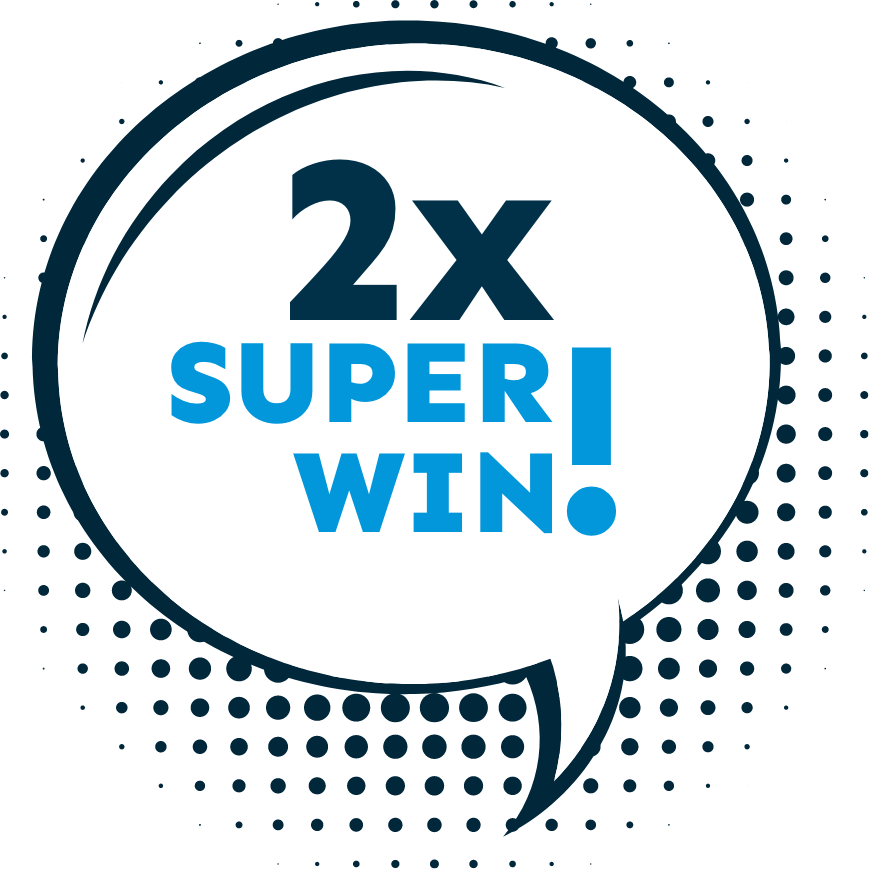 Sprechblase im Comic-Stil mit der Aufschrift „2x Superwin“, die auf einen doppelten Gewinn im Fahrschulgewinnspiel hinweist.
