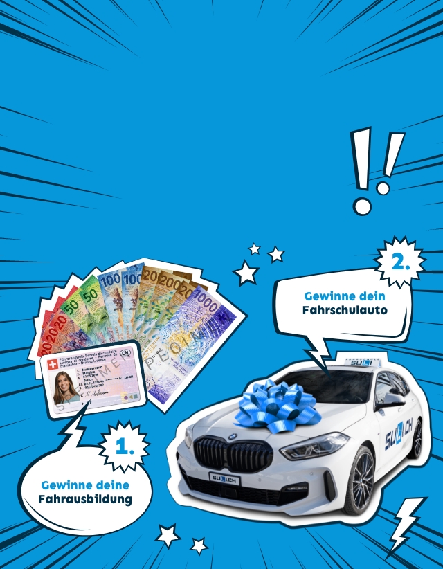 Headerbild des Gewinnspiels der Fahrschule Suli, das die monatlichen und den großen Hauptgewinn zeigt – ein Auto.