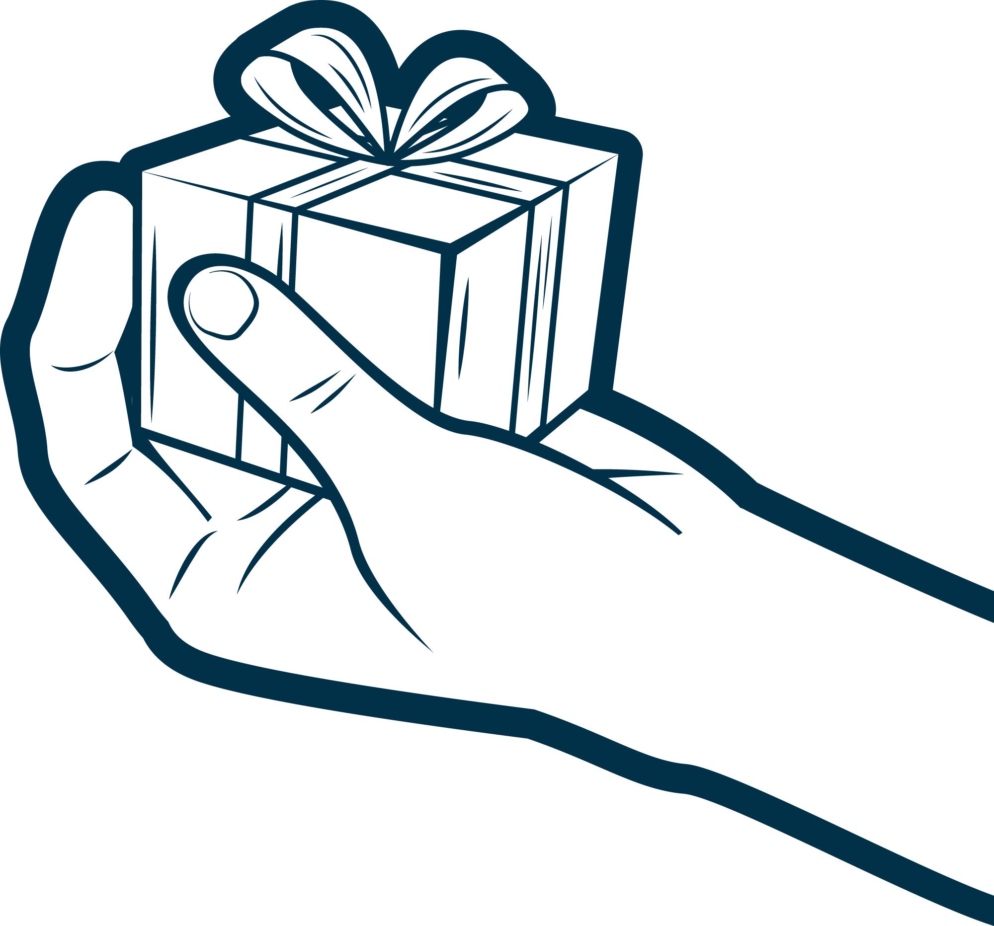 Comic-Stil-Hand, die ein Geschenk übergibt, das den Gewinn des Fahrschulgewinnspiels symbolisiert.